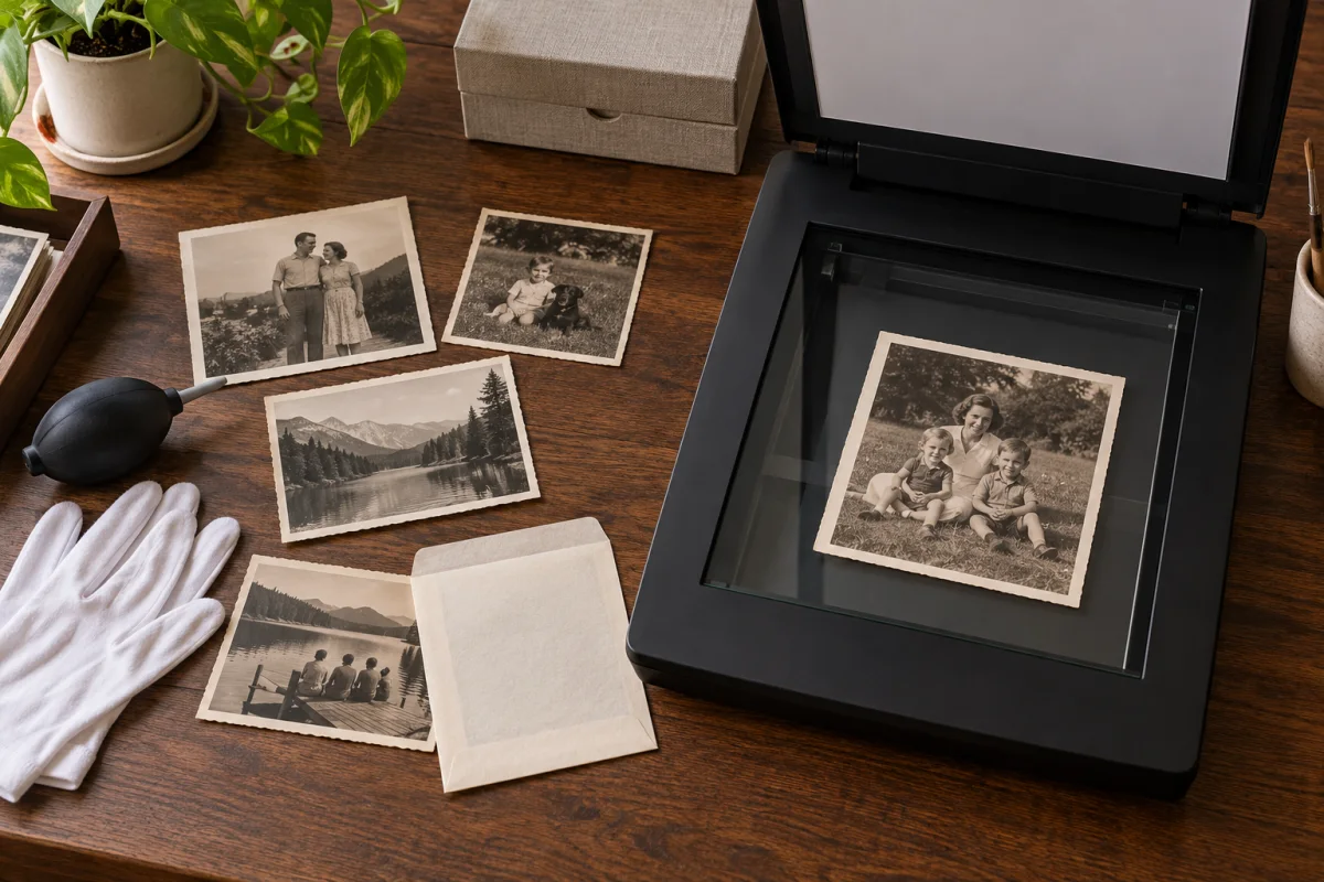 Flatbed scanner and fictional vintage family photos arranged for careful digitization