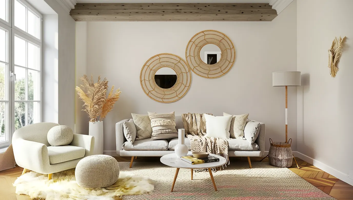Warm bohemian living room concept with layered textiles and woven decor