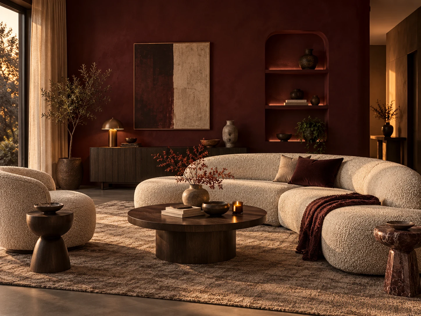 Burgundy & Bouclé Lounge AI interior design reference