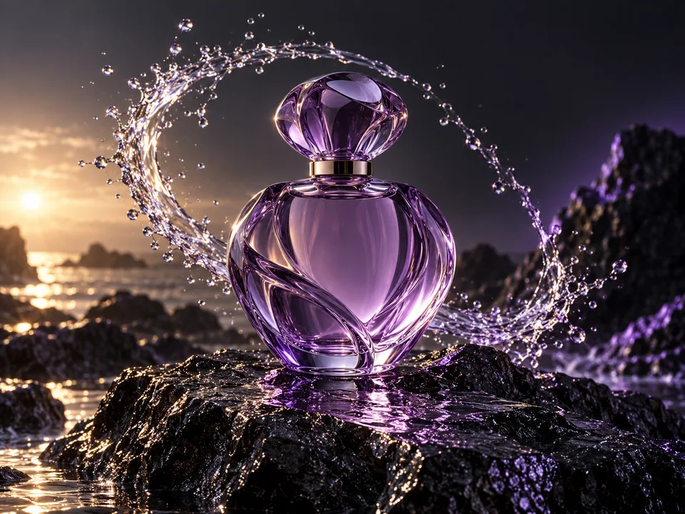 A violet glass perfume bottle surrounded by an arc of water on dark volcanic stone