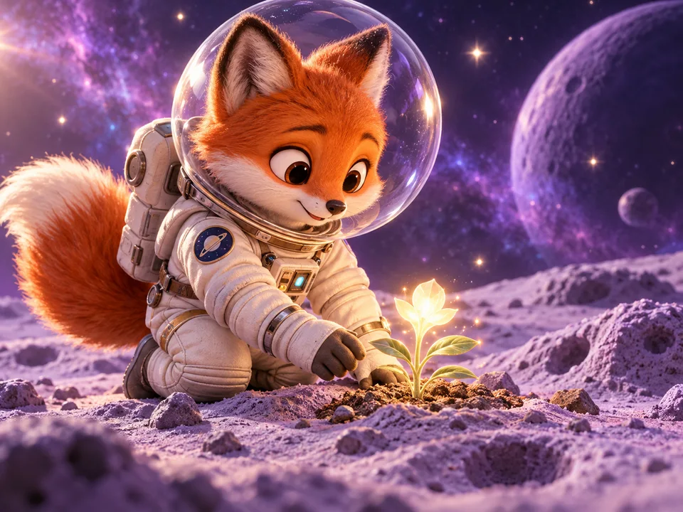 A small fox astronaut tending a glowing plant on a lavender moon