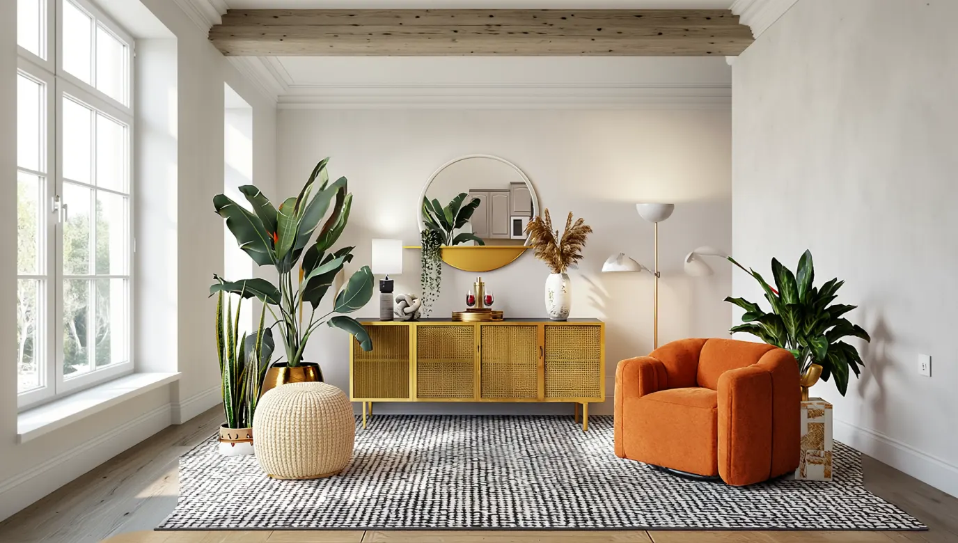 Eclectic room concept with an orange armchair, plants, and patterned rug