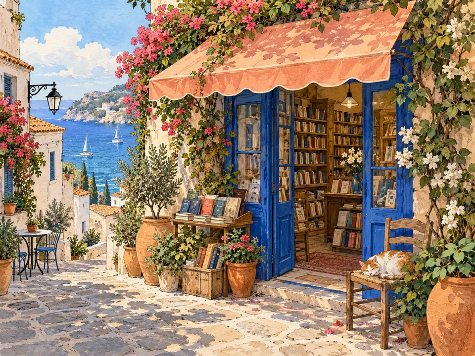 Pastel seaside bookshop with a blue doorway and climbing plants