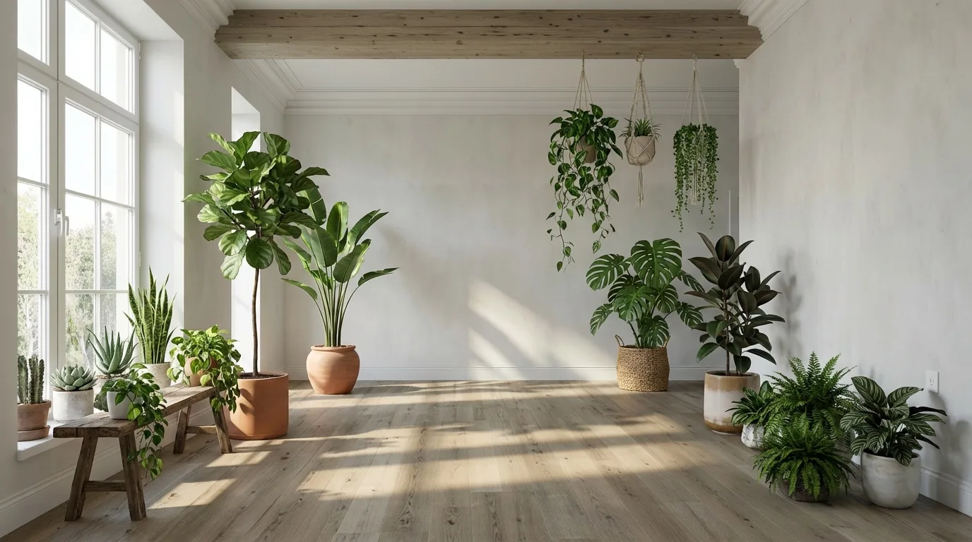 Biophilic room concept filled with large and hanging indoor plants