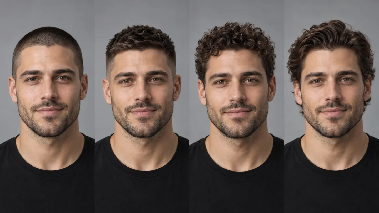 Same fictional man with a buzz cut, textured crop, short curls, and swept-back medium waves