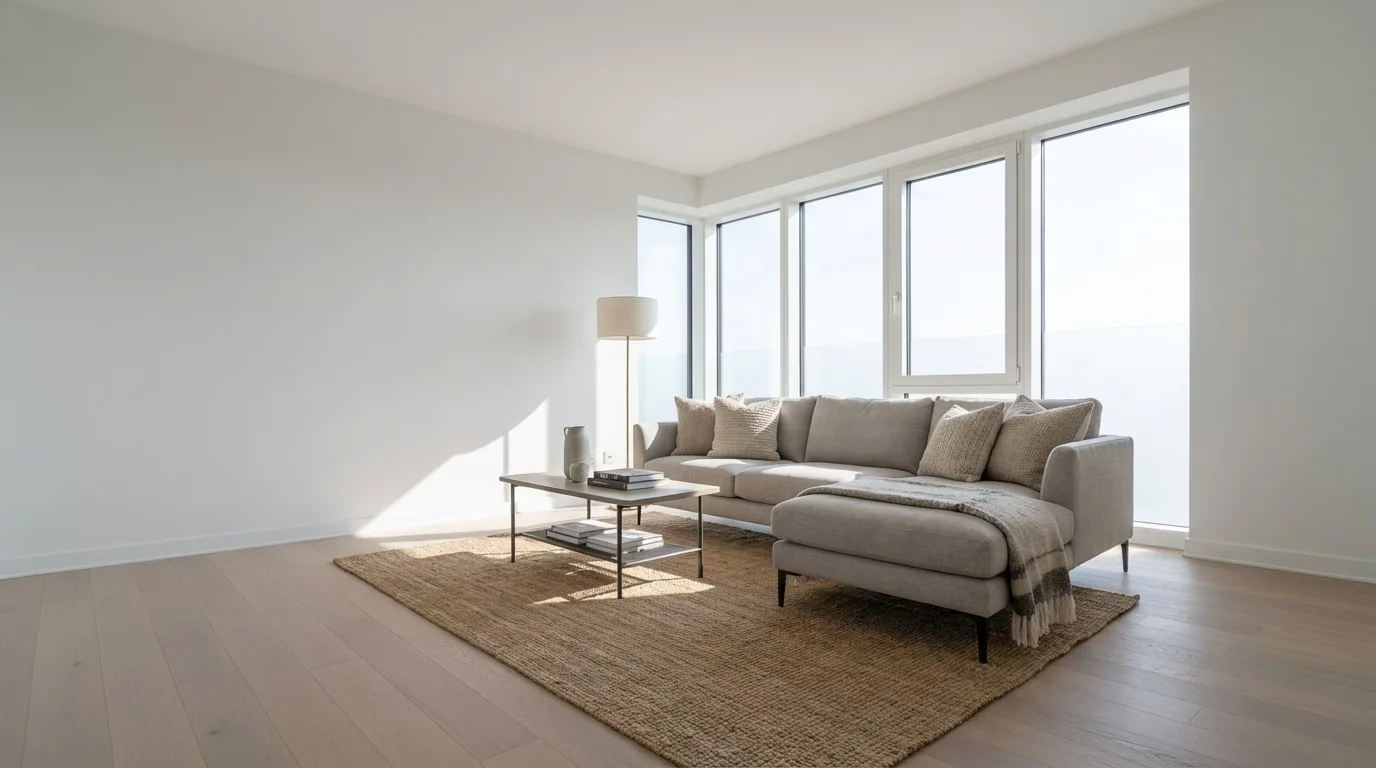 Neutral living room concept with a sectional sofa and natural fiber rug