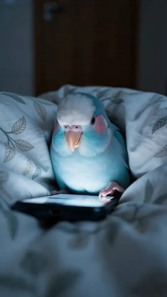 A blue pet bird looking at a phone under a blanket, a playful social video scene