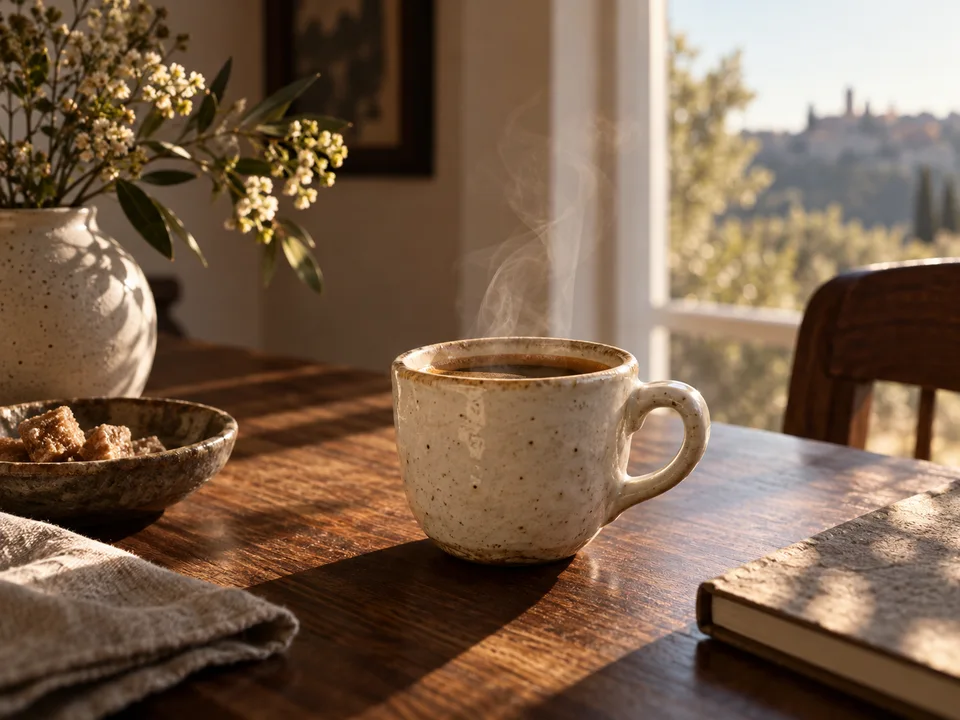 Steam rising from an ivory espresso cup in warm window light