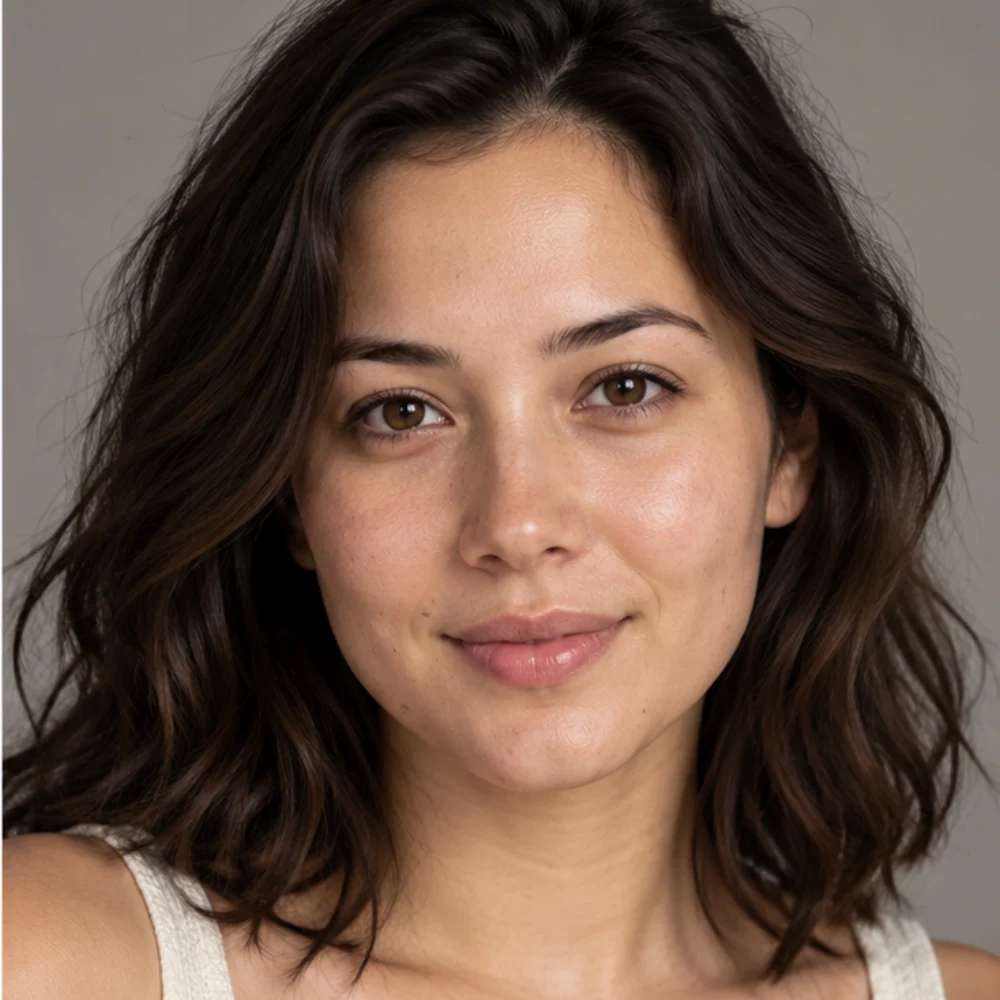 Portrait after a subtle AI skin retouch with natural texture retained