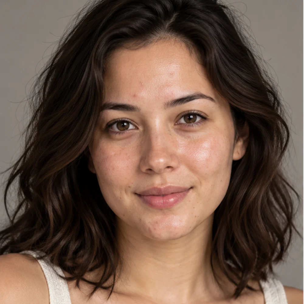 Natural source portrait with mild blemishes and uneven skin tone