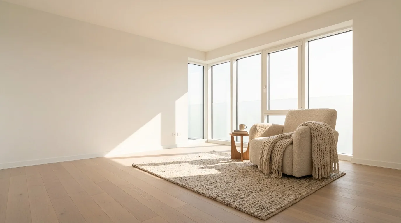 Quiet reading nook concept with a soft armchair, side table, rug, and knitted throw