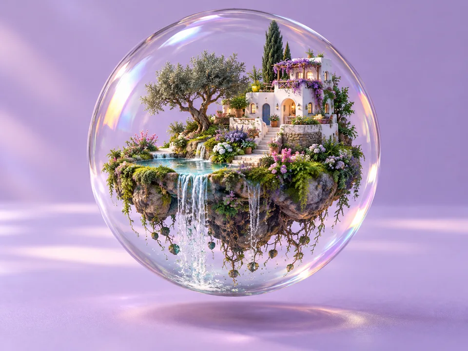 A miniature floating garden and house inside a glass sphere