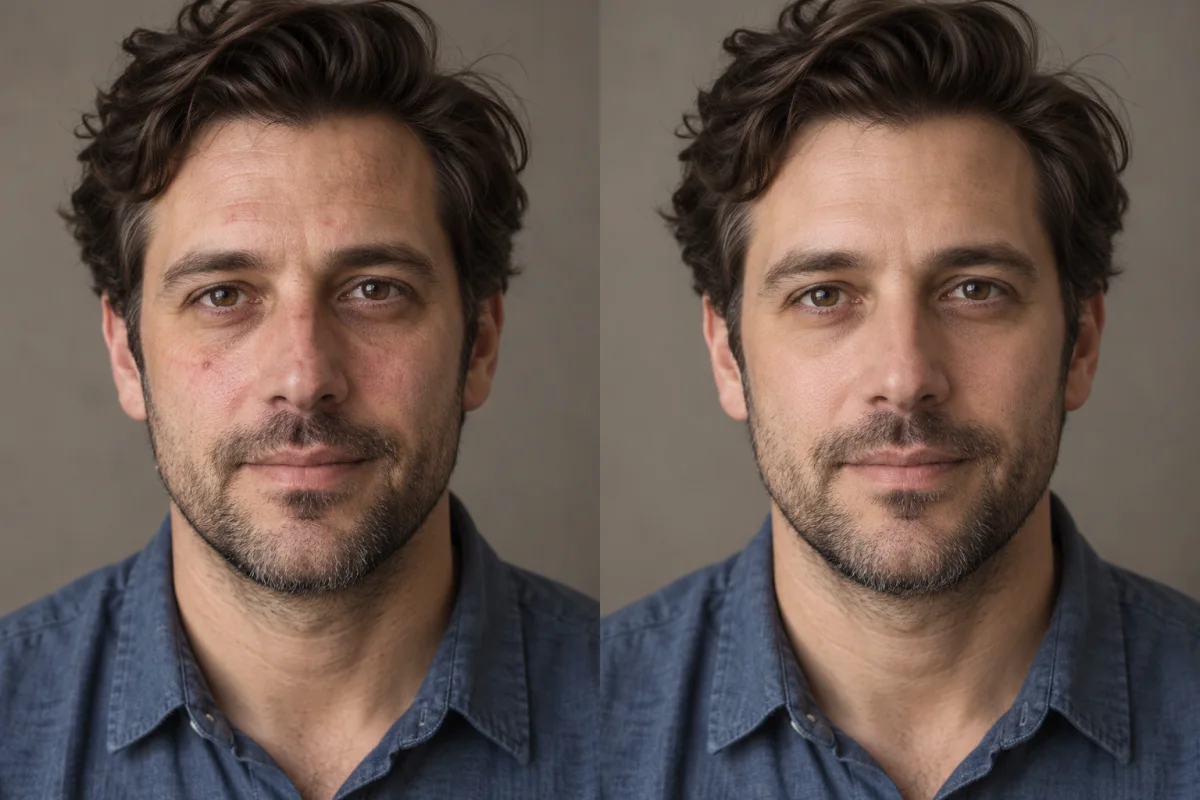 Fictional man before and after a natural portrait retouch that retains pores and facial hair