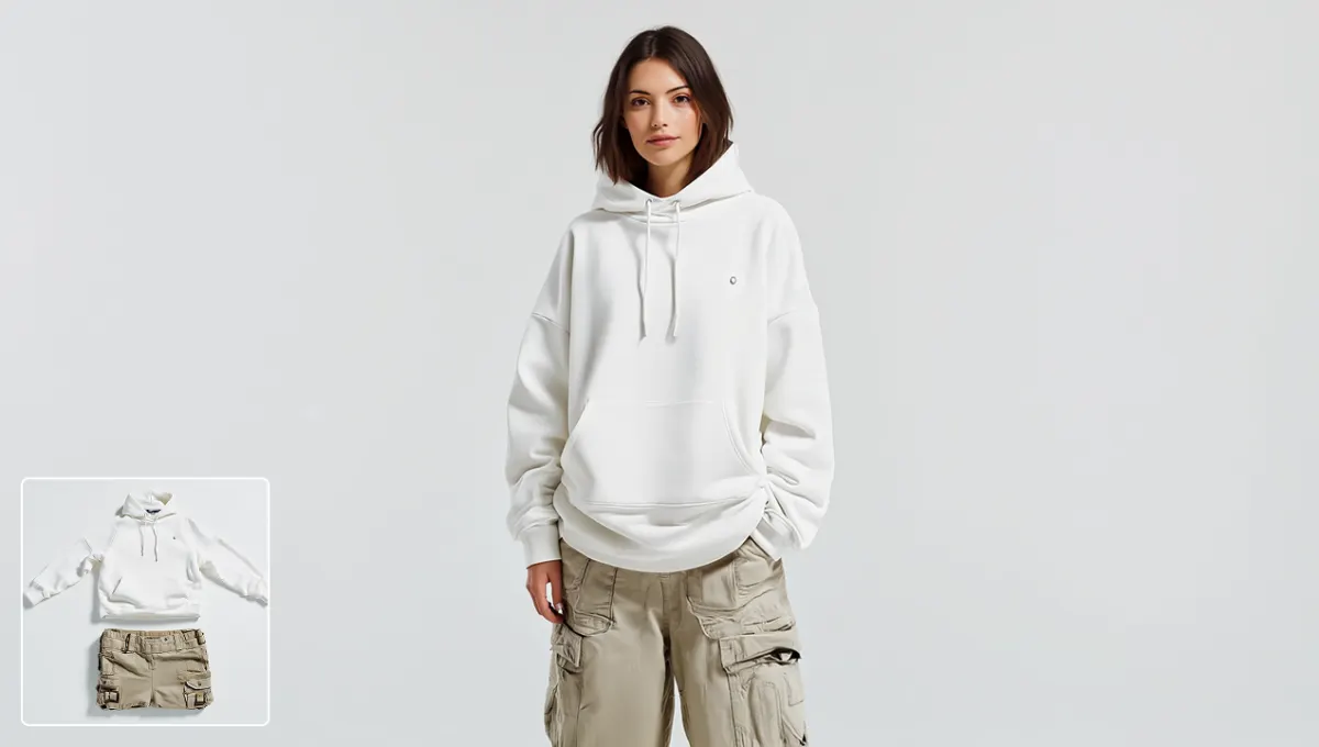 Woman wearing a white hoodie and cargo shorts from an AI outfit preset