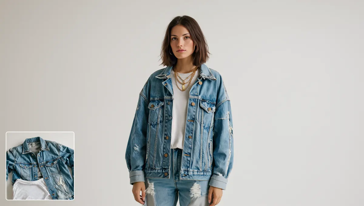 Woman wearing a denim outfit generated from a preset clothing reference
