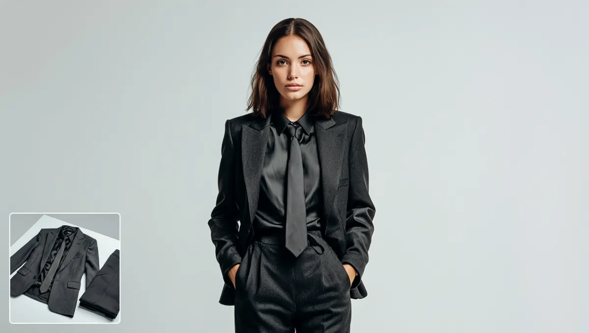 Woman wearing a black formal suit generated with an AI clothes changer