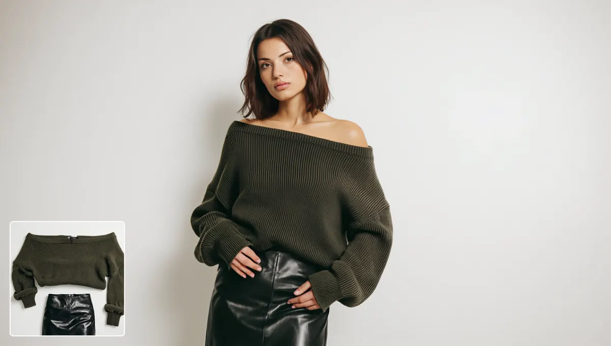 Woman wearing a dark knit outfit selected with an AI clothes changer