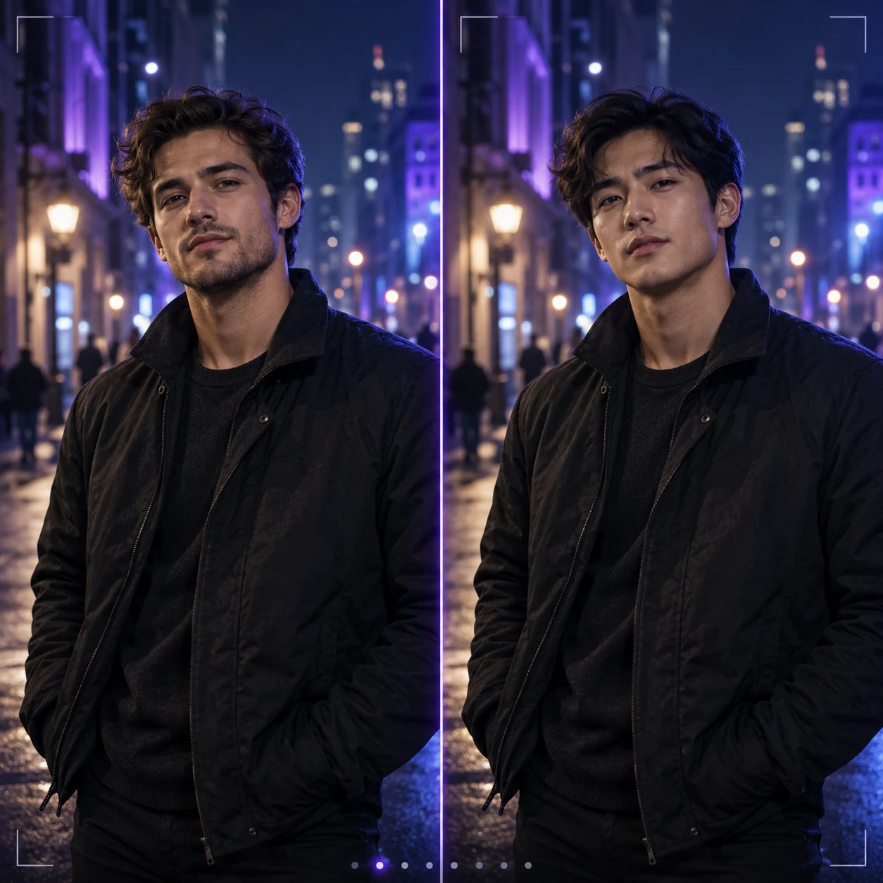 Before and after face swap example in a cinematic video scene