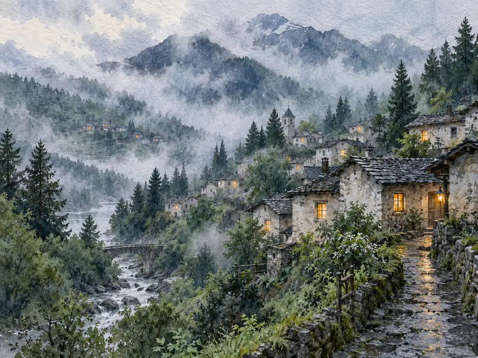 Misty mountain village painted in indigo and sage watercolor