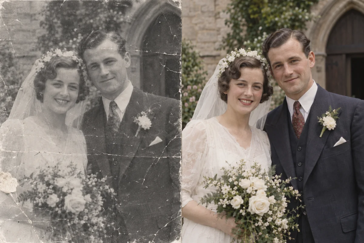 Damaged black-and-white wedding photograph beside a restored color interpretation