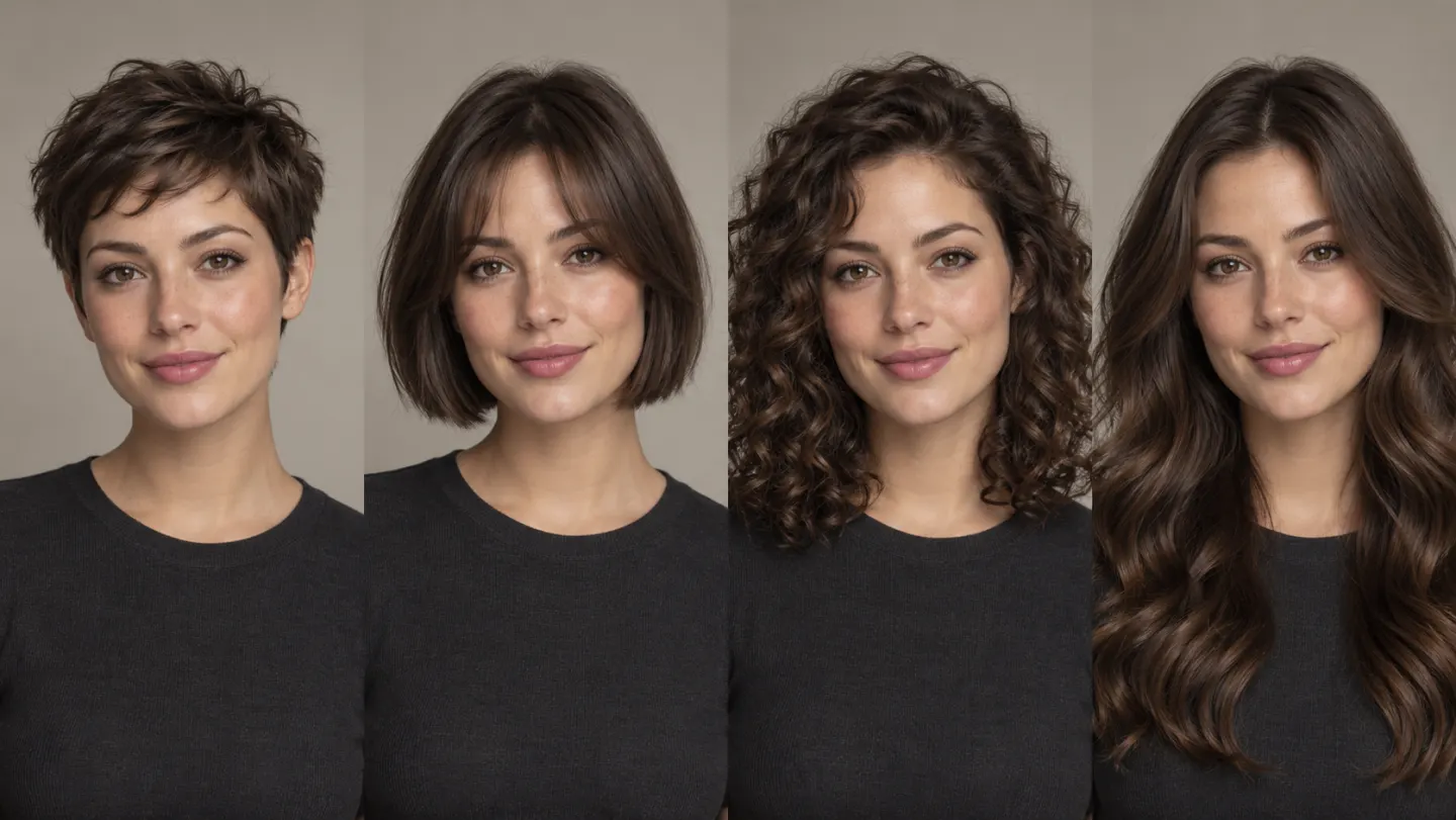 Same fictional woman with a pixie cut, bob with curtain bangs, shoulder-length curls, and long waves