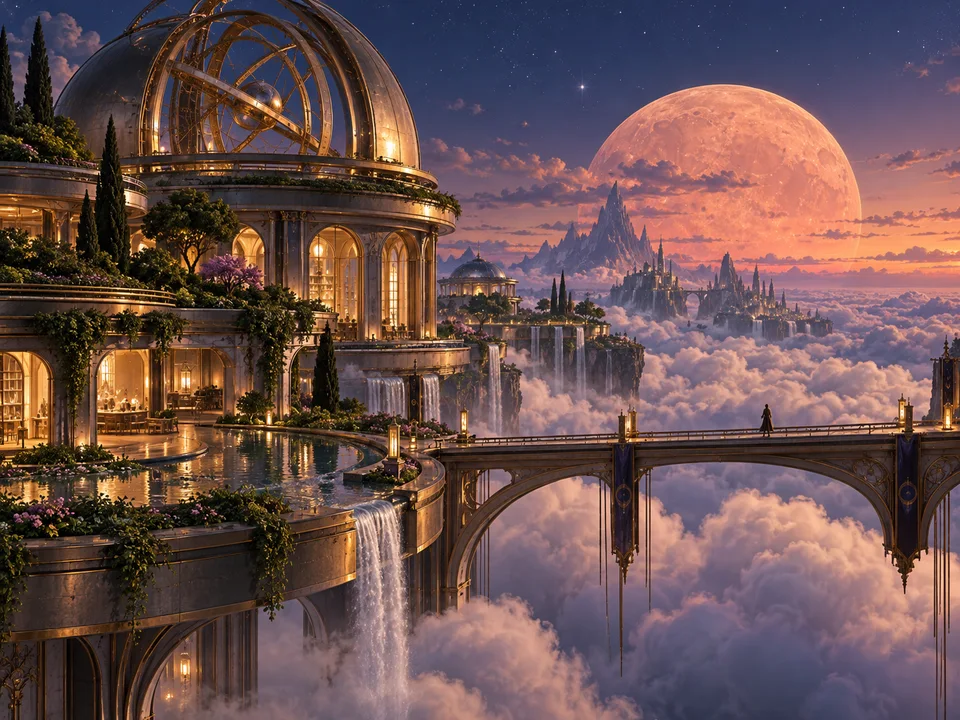 An illuminated observatory above a sea of clouds beneath a peach-colored moon